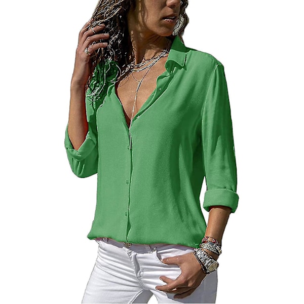 Grønn V-hals Chiffon Bluse, Dame Lang Ermet Monokrom Topp 2XL