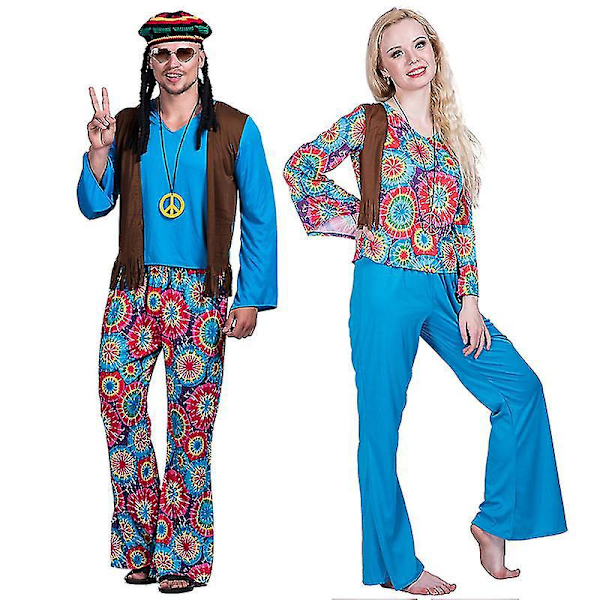 Retro Blå Hippie Disco Outfit - 1960'erne/1970'erne Hippie Kostume til Voksne L Kvinder