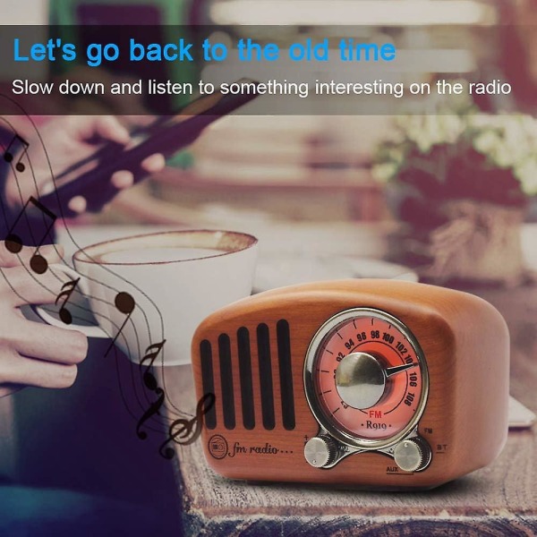 Bærbar FM-radio med Bluetooth-transistor, genopladeligt batteri og trædekor minihøjttaler