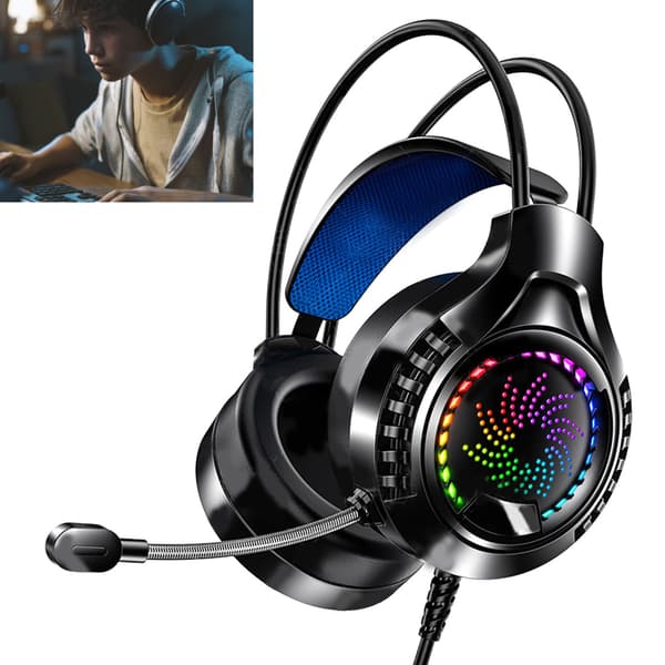 Kablet computerheadset 7.1 lydkanal justerbart hovedbånd bløde ørekopper dobbelte 3,5 mm og USB RGB computer gaming hovedtelefoner
