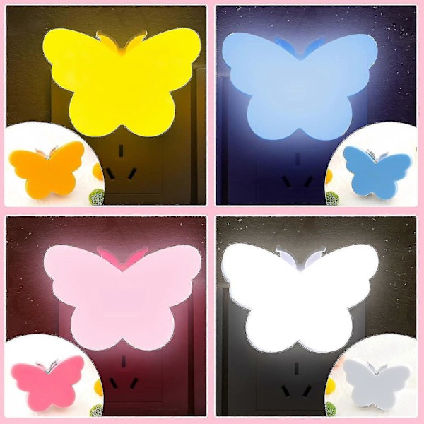 LED Barnlampa Nattlampa, Set med 4 Nattlampor med Automatisk Ljussensor Plug and Play Nattlampa för Trappor, Garage, Kawaii Deco Present (fjäril)