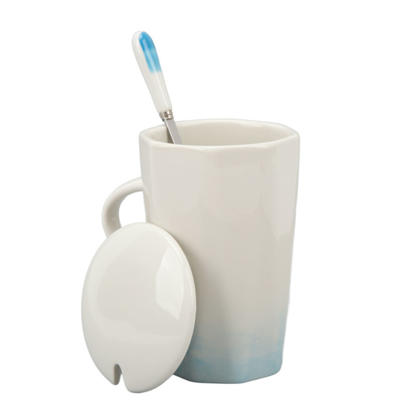 400 ml keramisk krus med blækstil, kaffekrus i keramik med ske og låg til hjemmet/kontoret, cyan