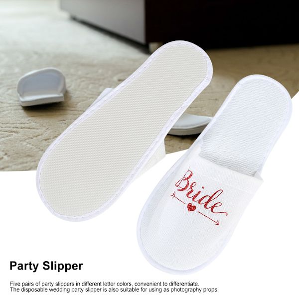 5 par engangsbryllupsfestslippers med brudemønster - fotorekvisita