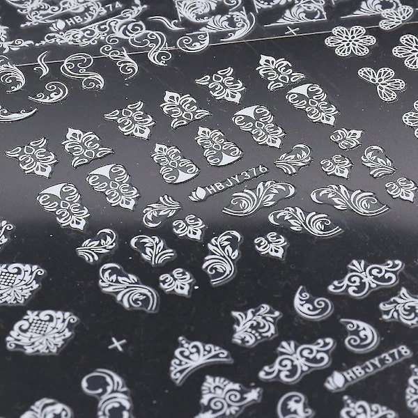 Vita 3D Blommiga Nageldekaler - Självhäftande Blommönster för DIY Manikyr