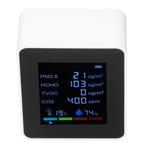 Multifunksjonell 6 i 1 CO2-måler Luftkvalitetsmonitor Temperatur PM2.5 TVOC HCHO Detektor USB-lading Hvit