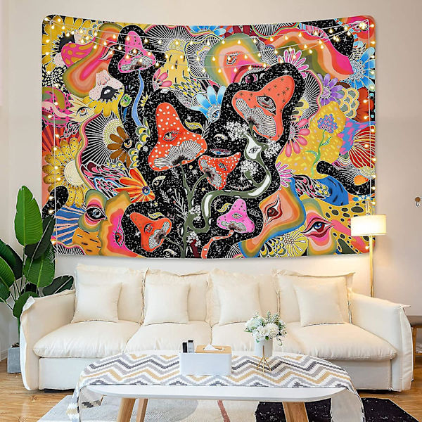 Psykedeelinen sieni- ja kukkakuvio - värikäs Trippy seinäteline (200x150cm)