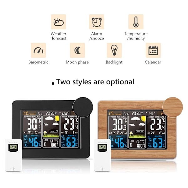 Trådlös digital väderstation med utomhussensor, inomhus- och utomhustermometer med tid, temperatur, luftfuktighet, barometer (svart uppdatering) black
