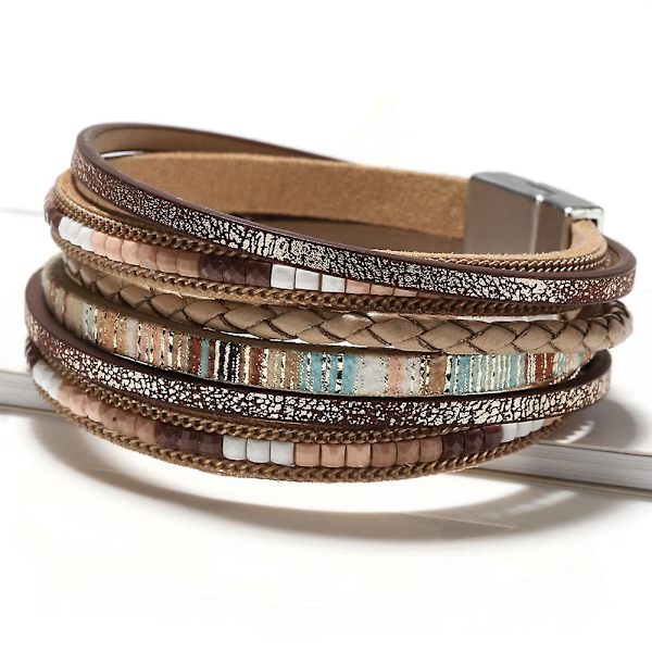 Boho Leopardskinnsarmband i Läder för Kvinnor, Flerskiktad med Kristallpärlor, Armbandssmycke