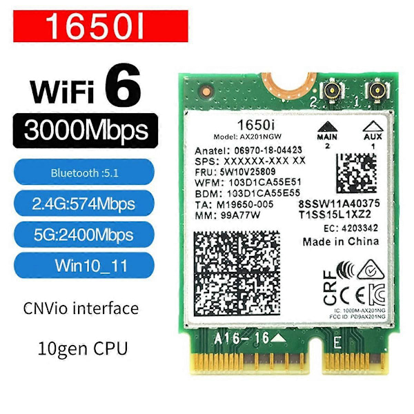 1650i AX201NGW WiFi-kort+2x8DB Antenne+Blende 3000Mbps WIFI6 2.4G/5G
