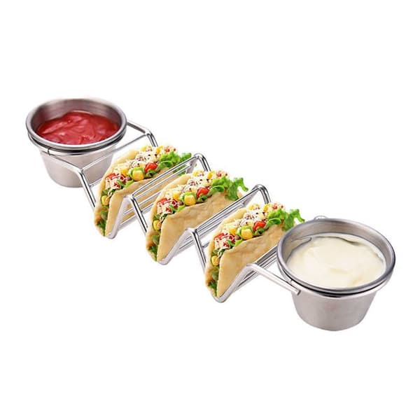Taco Stand Rustfrit Stål 3 Gitter V-formet Blank Taco Holder Stativ til Køkken Hjem med Dobbeltsidede Sovsekopper