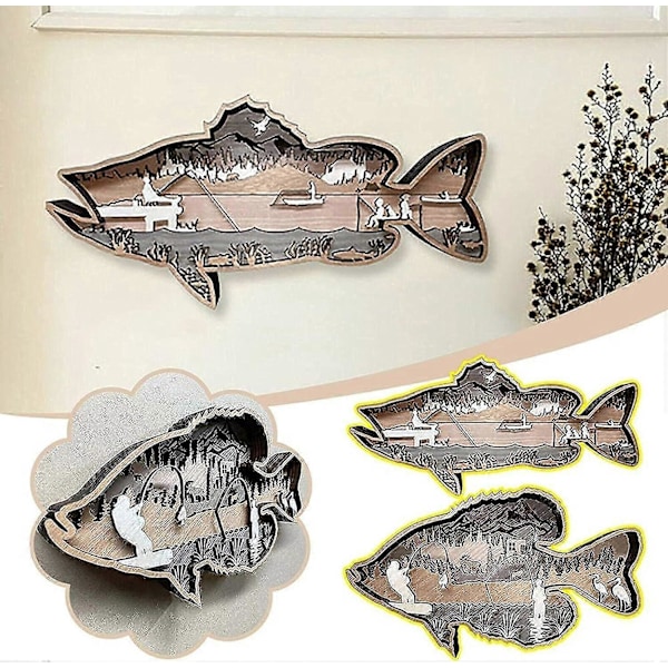 2 stk. Kyst Træ Fisk Dekoration, Udhulet Fisk Vægskulptur, Håndmalet Fiskescene, Fisk Kunst Væghængning, Boligindretning Til Fiskeri Elsker Zekai