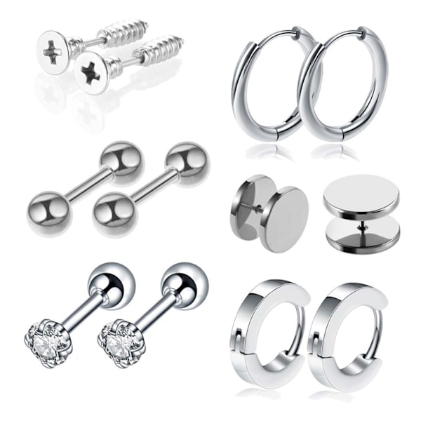 6 par sett med ørepynt i rustfritt stål med zirkon, piercing-smykker, unisex ørepynt