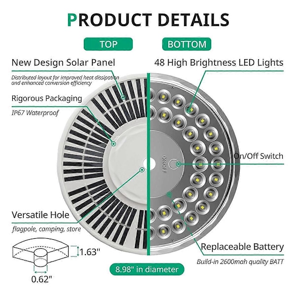 Flaggstångslampa Solcellsdriven Spotlight Utomhus, 48 LED