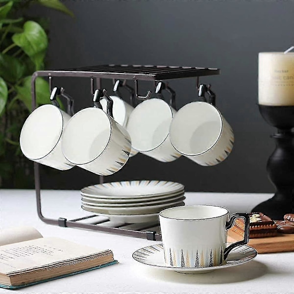 1 st Kaffekopphållare 6 Krokar Metall Koppställ Te Kopp Displayställ För 6 Koppar Fat Sked Set