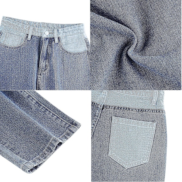 Patchwork Jeans för Dam Hög Midja Raka Stretch Jeans Flickor Mode Färgblock Patchwork Jeans blå xl