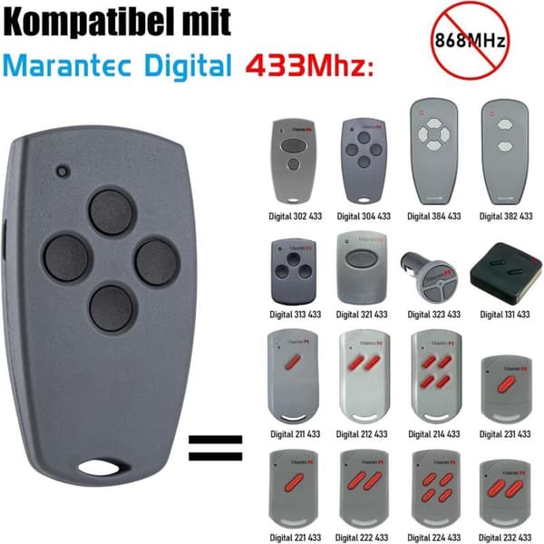 Sæt med 2 udskiftningshåndsendere til Marantec Digital 212-433 211-433 221-433 - Kompatibel med Marantec d313 382 384 d302 d304 433