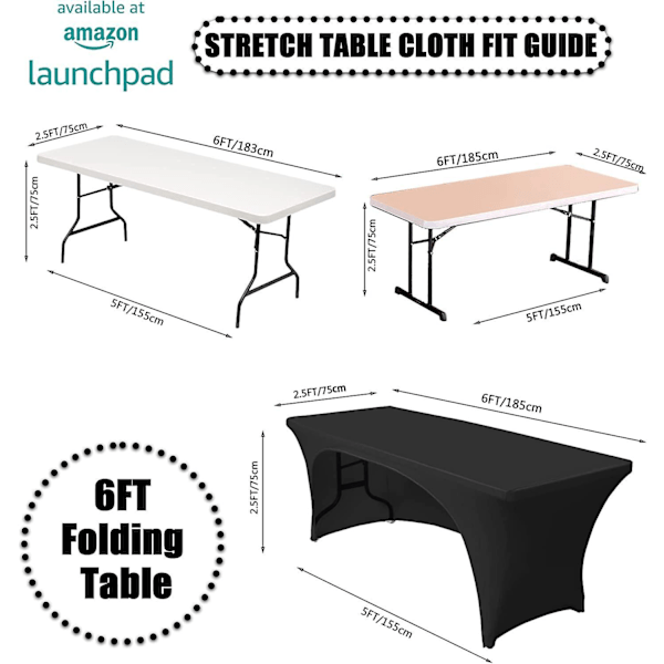 Stretchbar 6ft duk för rektangulära bord - Öppen baksida, monterad spandex uteplatsöverdrag - Perfekt för bröllop, fester, kök och skönhetsevenemang