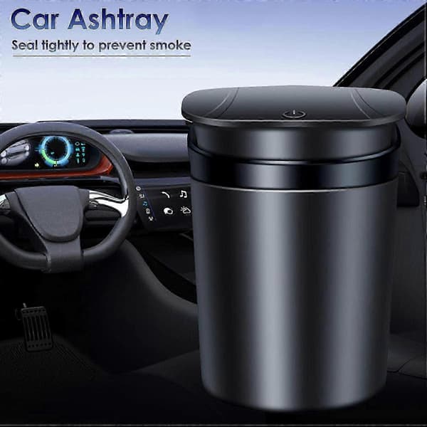 Portable Car Ashtray Mini Car Trash Can with Lid and Blue LED Indicator Car Accessories, Black