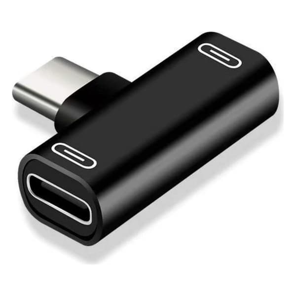 Dubbel USB-C-adapter för laddning och musiklyssning samtidigt.