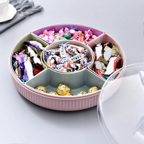Snacksbricka Roterande 5 Fack Frukt Godis Aptitretare Bricka med Lock Mat Serveringsfat