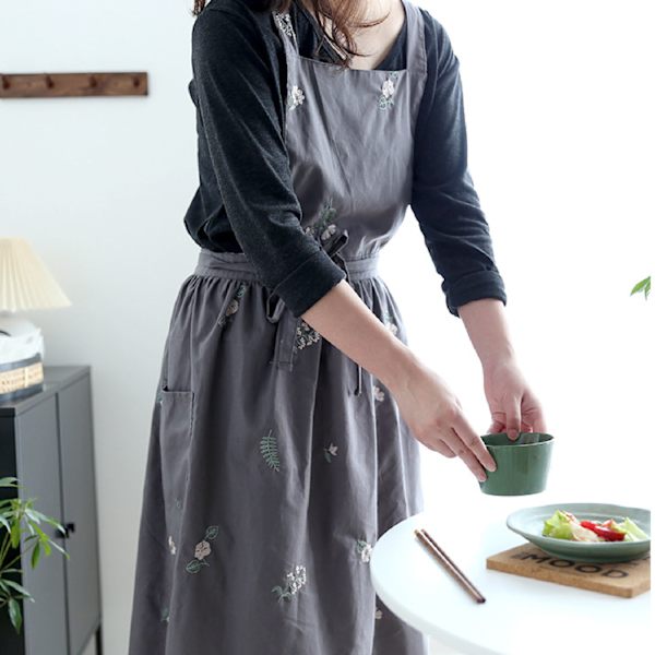 Forkle Blomsterbroderi Vanntett Slitesterkt Bakeforkle for Kaffebar Hjem Mørkegrå