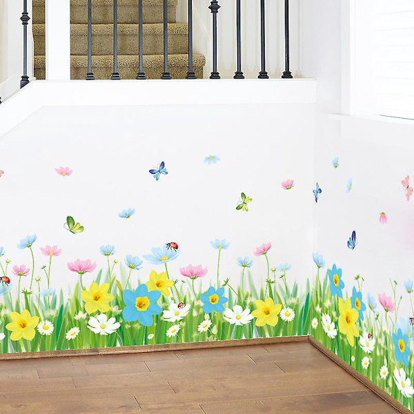Vægklistermærker Grønt Græs Blomster med Sommerfugle Dekorative Klistermærker til Hjørne Vægdekoration Børneværelse Fodpanel Stue, 50*70CM