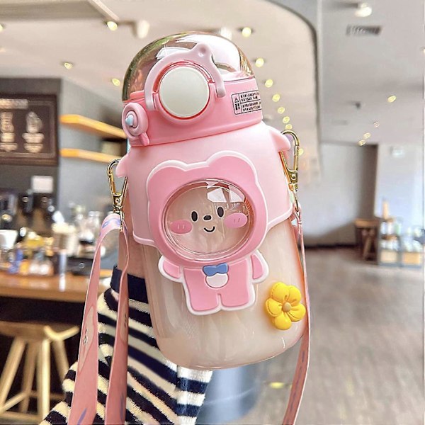 Kawaii Karhu Vesipullo, 720ml Söpö Juomapullo Pillillä, Muovinen Vesipullo (Pinkki)