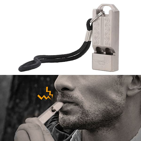 Bärbar dubbelrör Survival Whistle Titanium Alloy Student Outdoor Emergency Whistle med rep