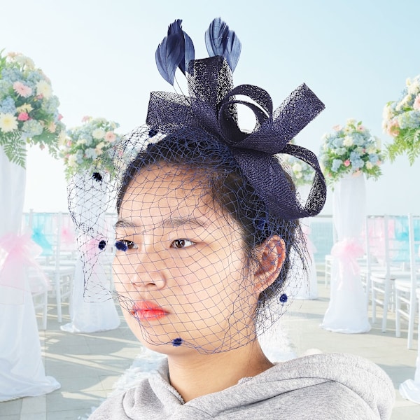 Bryllup Kvinner Nett Mesh Brud Slør Hatter Brud Fascinator Hodeplagg Hår Tilbehør(Marineblå)