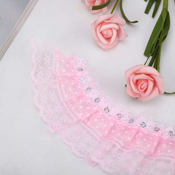5 meter flerfärgad 45 mm prickar plisserad trim mesh spetsband sy paljetter broderad DIY hantverk (rosa)