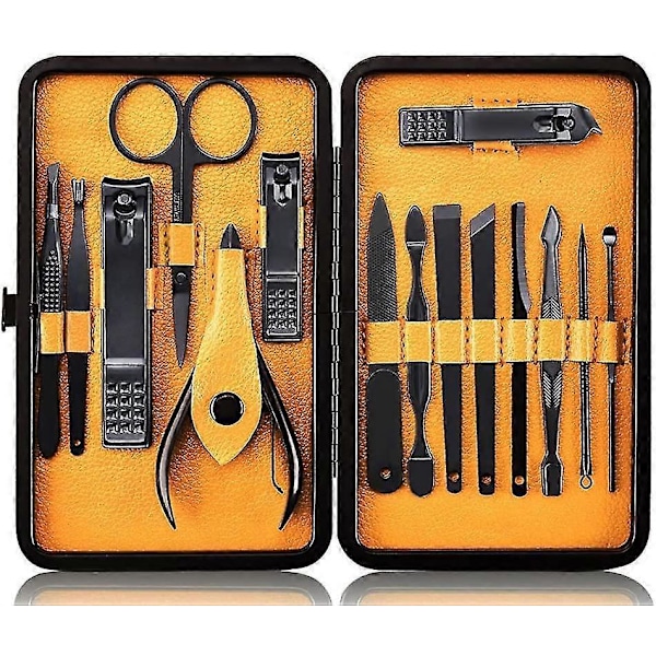 Manikyrset Nagelsaxset Professionellt - Manikyrset i rostfritt stål 15-pack med resefodral (svart/gul) -CHJR