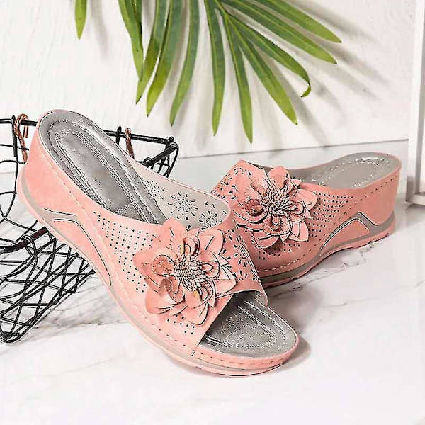 Ortopediske sandaler for kvinner med buesupport og hul kileblomstdesign39 Rosa