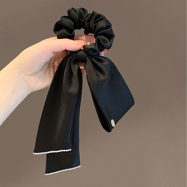 Bånd Satin Sløyfe Hår Scrunchies Elastisk Sikker Hold Elegant Satin Hestehale Holder for Jenter Kvinner Svart