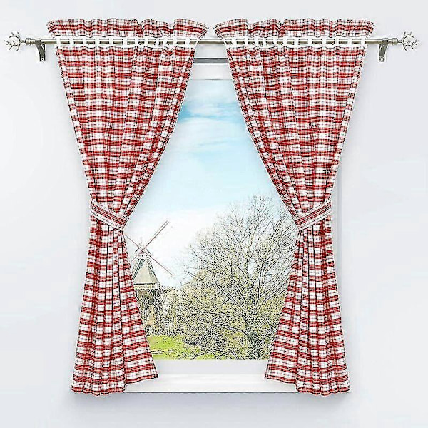 Mörkläggningsgardiner Set om 2 med Rutiga Fönsterdekorationer - Inredning Sovrum Röd - H/B 120/80cm