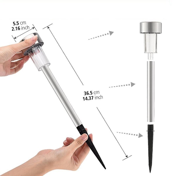 Sett med 10 solcellelamper utendørs hage LED rustfritt stål vanntett utendørsbelysning, hvit, 36,5 * 5,5 cm