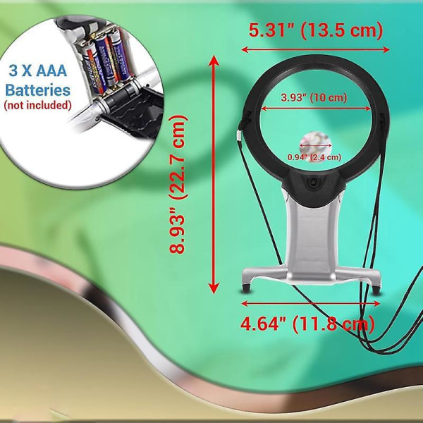 6x håndfrit forstørrelsesglas med lys og stativ, stort 22,2 x 13,5 x 2 cm forstørrelsesglas