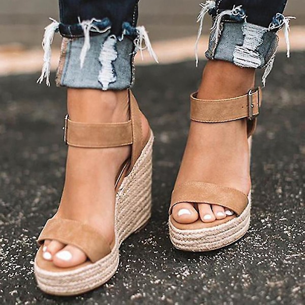 Brune Espadrille-sandaler med plattform og ankelrem for kvinner EU 38