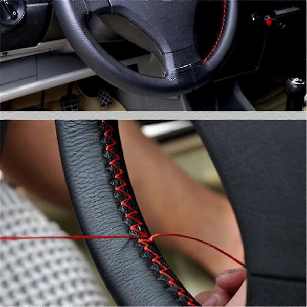 Läder Bilratt Skydd Bilfläta På Ratten 38 cm DIY Universal Auto Ratt Skydd Läderfodral Zekai Brun-Sidlinjetyp