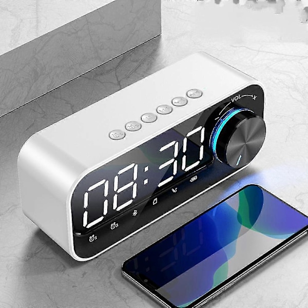Bluetooth Högtalare Väckarklocka Radio med Nattlampa för iPhone och Android - LED-Display (Vit)