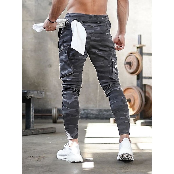 Herre Camouflage Sports Cargo Bukser med Lynlås, Ideel til Fitness og Løb L sort 1