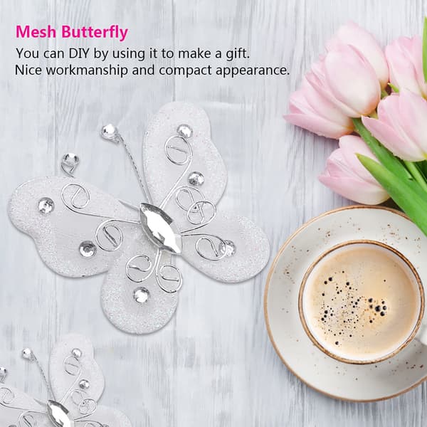 24 stk. Sheer Mesh Wire Glitter Sommerfugl Bryllupsfest Klær Dekorasjon DIY Tilbehør Hvit