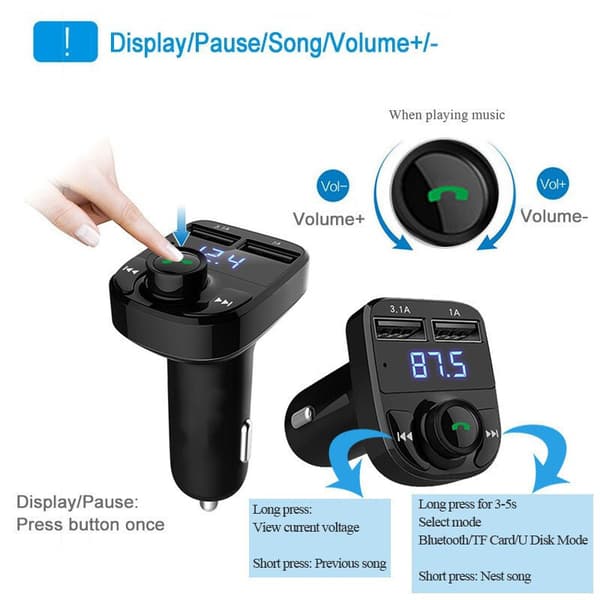 FM Bilmottaker X8 med Bluetooth for Musikstreaming og Håndsfritt Svart