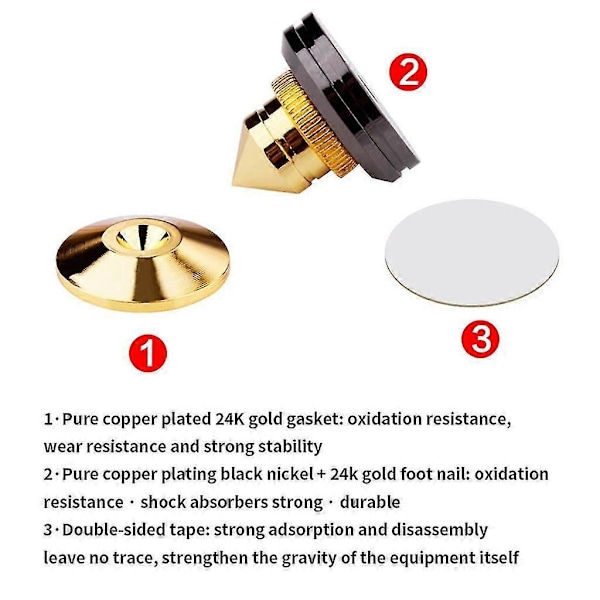 Guld Högtalarspik Set med Golvbrickor - Isolationsspikar för Högtalarstativ (4-pack)