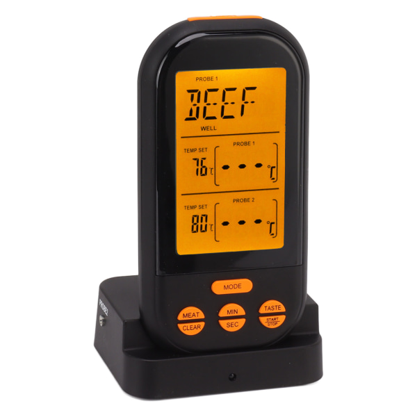 EN2010 1 Trådlös Dubbelprob Termometer Kök Kött Termometer Digital Grill Termometer Svart med Orange Bakgrundsbelysning