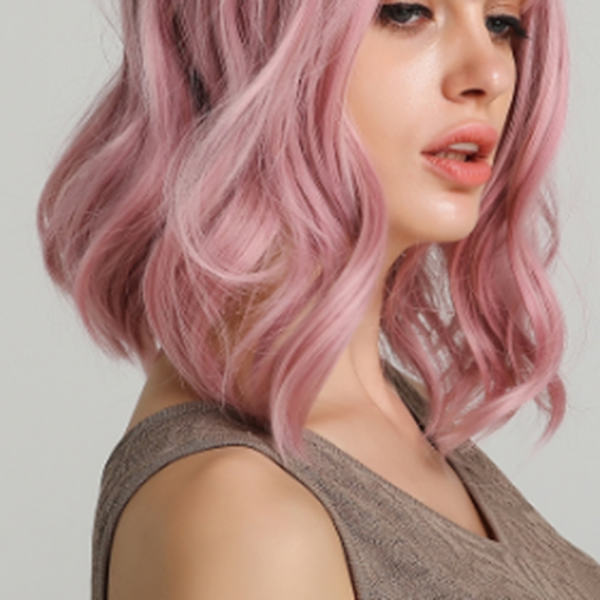 Rosa Pastell Short Bob Curly Wavy Wig - Syntetisk Cosplay-kostyme for kvinner