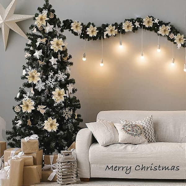 12 stk. kunstige julestjerneblomster, glitter juleblomster til bryllupsfest julepynt (guld)