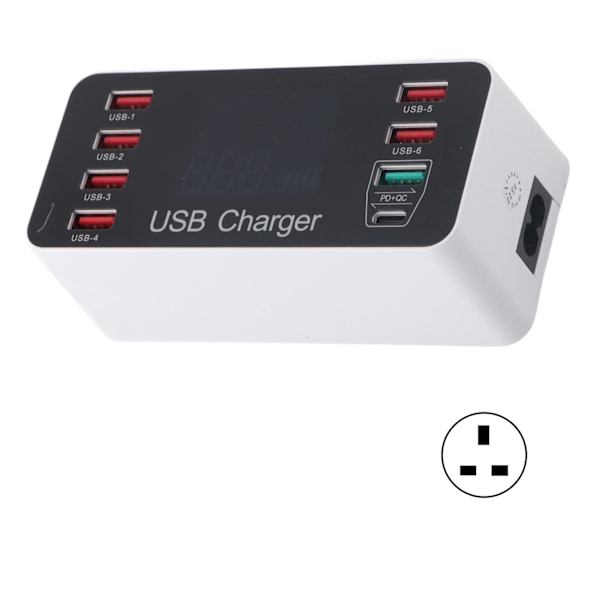 40W USB-puhelimen laturi 8 portilla, kannettava QC3.0 USB C -tyyppinen pikalaturi matkustamiseen, UK-pistoke 100-240V