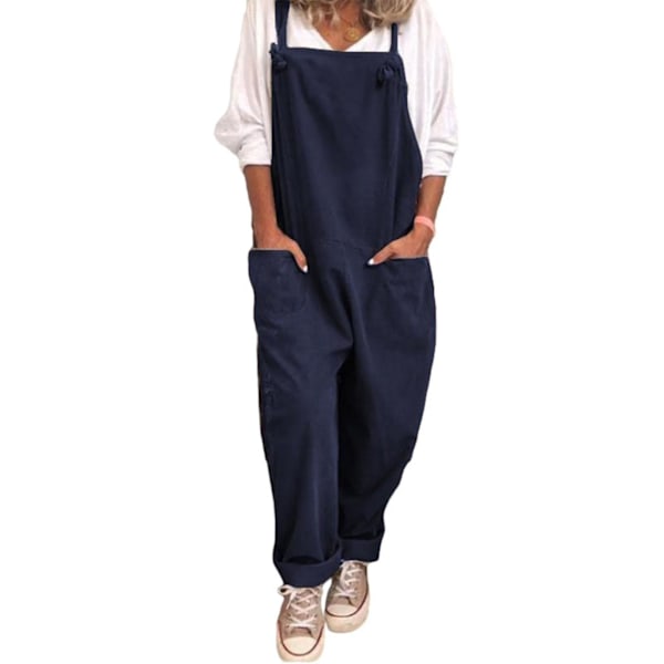 Blue Linen Cotton Overall Suspender Pants for Women