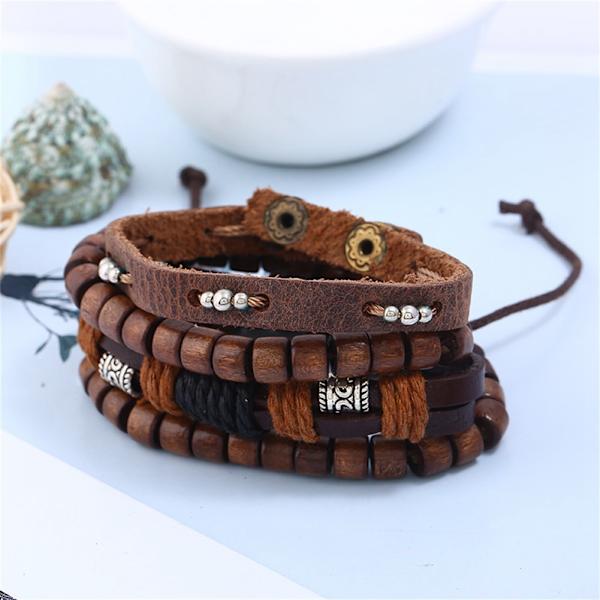 DIY vävd 4-delad set justerbart äkta läderarmband kombination läderarmband