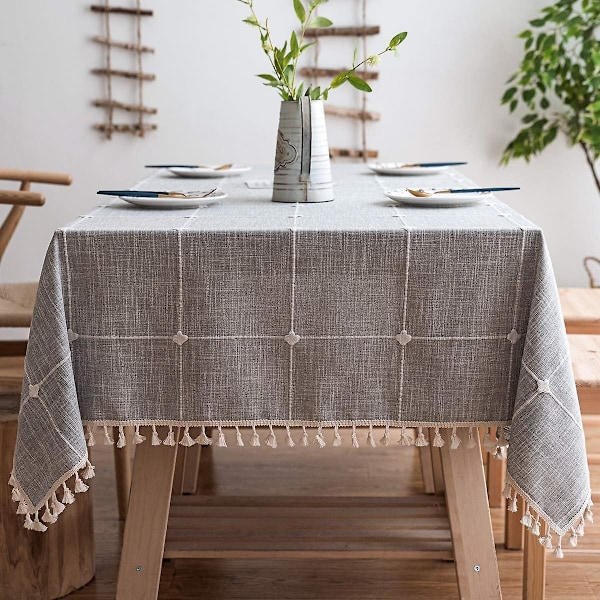 Dammfri Rektangulär Duk med fransar för Kök och Kaffebord Dekoration 140x140cm Rutmönster Grå